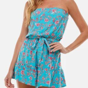 XS Junior Womens Bebop Blue Floral Ruffled Bottom Strapless Romper